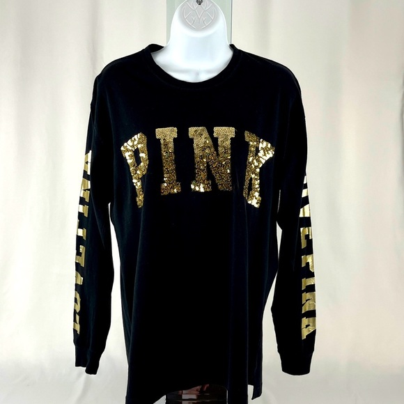 PINK Victoria's Secret VS Bling Sequin Off Black/Dark Gray LS T-Shirt Size S - Picture 2 of 13